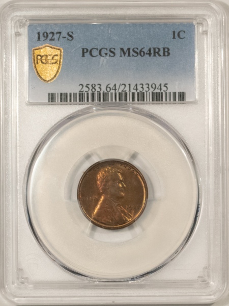 Lincoln Cents (Wheat) 1927-S LINCOLN CENT – PCGS MS-64 RB, TOUGH DATE! PREMIUM QUALITY!