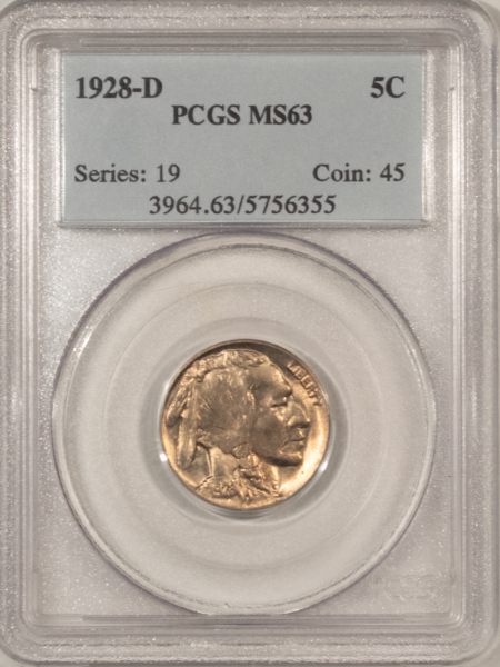 Buffalo Nickels 1928-D BUFFALO NICKEL – PCGS MS-63, LOOKS 64+! PREMIUM QUALITY!