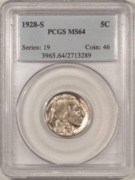Buffalo Nickels 1928-S BUFFALO NICKEL – PCGS MS-64, VERY LUSTROUS! TOUGH DATE!