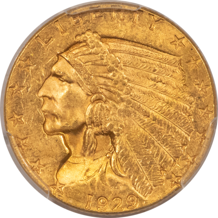 $2.50 1929 $2.50 INDIAN GOLD QUARTER EAGLE – PCGS MS-63 FLASHY & CHOICE, FINAL YEAR!