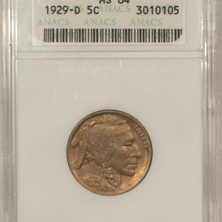 Buffalo Nickels 1929-D BUFFALO NICKEL – ANACS MS-64, ORIGINAL, PQ! OLD SOAP BOX HOLDER!