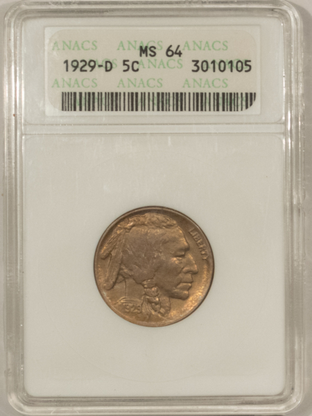 Buffalo Nickels 1929-D BUFFALO NICKEL – ANACS MS-64, ORIGINAL, PQ! OLD SOAP BOX HOLDER!