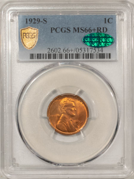 CAC Approved Coins CONDITIONALLY RARE 1929-S LINCOLN CENT, PCGS MS-66+ RD, CAC; POP 15 – 2 FINER!