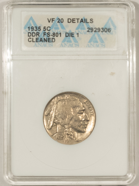 Buffalo Nickels 1935 BUFFALO NICKEL, DDR, FS-801 DIE 1 – ANACS VF-20 DETAILS, CLEANED! PQ!