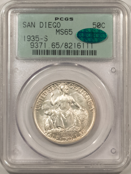 CAC Approved Coins 1935-S SAN DIEGO COMMEMORATIVE HALF DOLLAR – PCGS MS-65 CAC, 2 PIECE OGH, PQ++