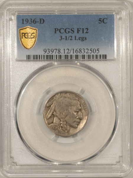 Buffalo Nickels 1936-D BUFFALO NICKEL, 3 1/2 LEGS – PCGS F-12, SCARCE!