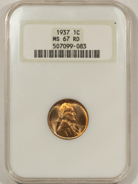 Lincoln Cents (Wheat) 1937 LINCOLN CENT, NGC MS-67 RD, GORGEOUS “LOOK”, OLD FATTY HOLDER & PQ!