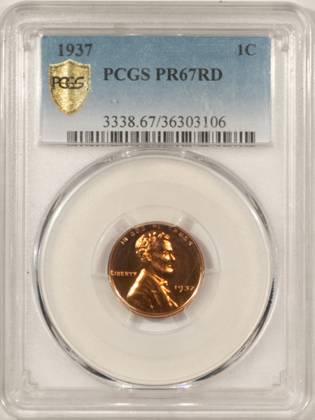 Lincoln Cents (Wheat) 1937 PROOF LINCOLN CENT – PCGS PR-67 RD, SUPERB GEM RED!
