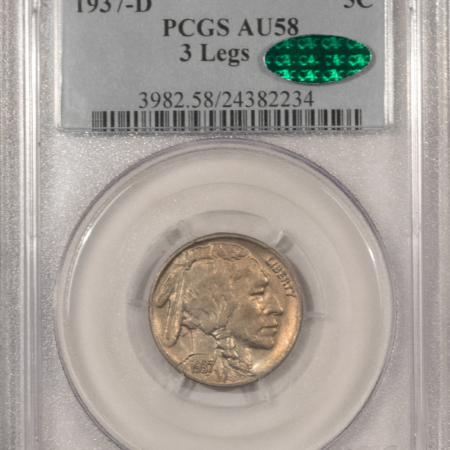 Buffalo Nickels 1937-D BUFFALO NICKEL, 3 LEGS – PCGS AU-58, CAC APPROVED! PQ KEY-DATE!