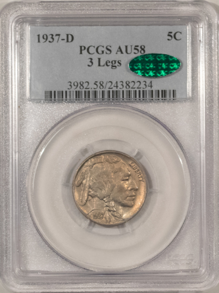 Buffalo Nickels 1937-D BUFFALO NICKEL, 3 LEGS – PCGS AU-58, CAC APPROVED! PQ KEY-DATE!