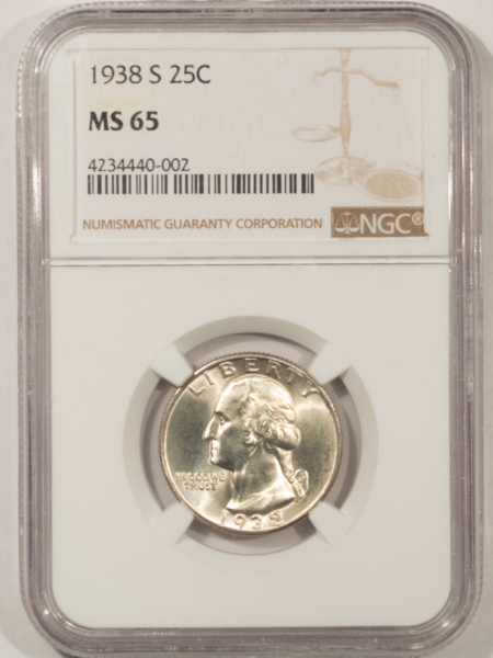 New Certified Coins 1938-S WASHINGTON QUARTER- NGC MS-65, BLAST WHITE GEM!