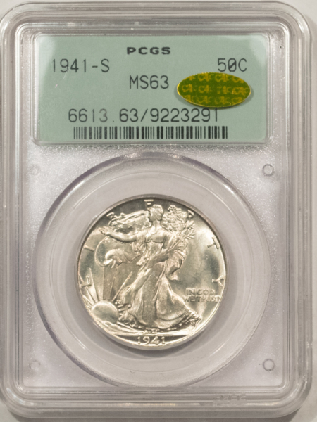 CAC Approved Coins 1941-S WALKING LIBERTY HALF DOLLAR – PCGS MS-63 GOLD CAC, 2 PIECE OGH, PQ++ GEM!