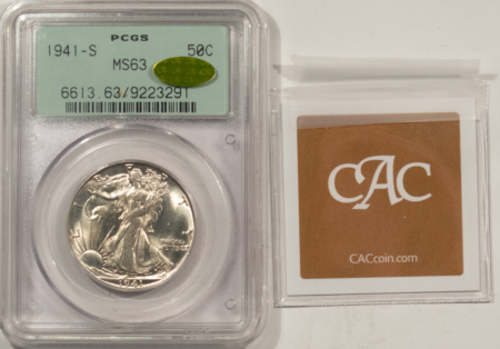 CAC Approved Coins 1941-S WALKING LIBERTY HALF DOLLAR – PCGS MS-63 GOLD CAC, 2 PIECE OGH, PQ++ GEM!