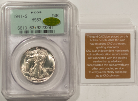 CAC Approved Coins 1941-S WALKING LIBERTY HALF DOLLAR – PCGS MS-63 GOLD CAC, 2 PIECE OGH, PQ++ GEM!