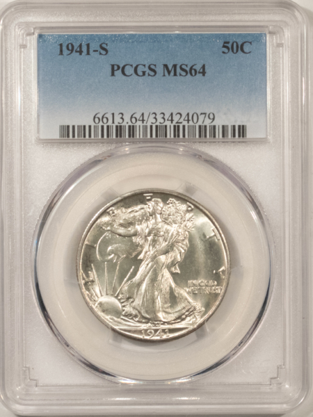 Half Dollars 1941-S WALKING LIBERTY HALF DOLLAR – PCGS MS-64 FLASHY LUSTER, PREMIUM QUALITY++