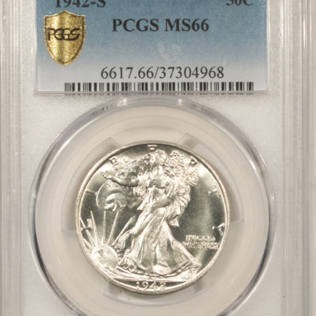 Half Dollars 1942-S WALKING LIBERTY HALF DOLLAR – PCGS MS-66, BLAZING WHITE MONTER! PQ!!