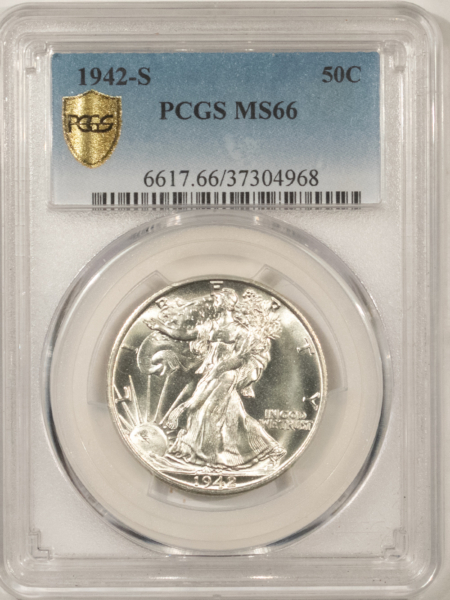 Half Dollars 1942-S WALKING LIBERTY HALF DOLLAR – PCGS MS-66, BLAZING WHITE MONTER! PQ!!