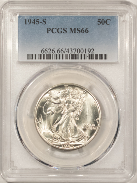 Half Dollars 1945-S WALKING LIBERTY HALF DOLLAR – PCGS MS-66, BLAST WHITE!