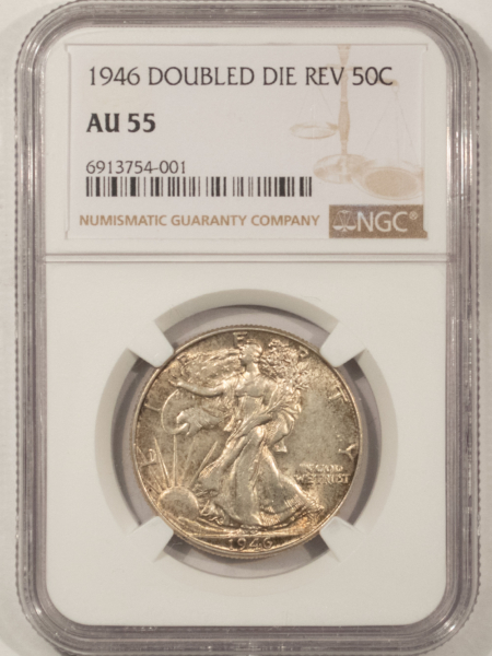 Half Dollars 1946 WALKING LIBERTY HALF DOLLAR DOUBLED DIE REVERSE – NGC AU-55