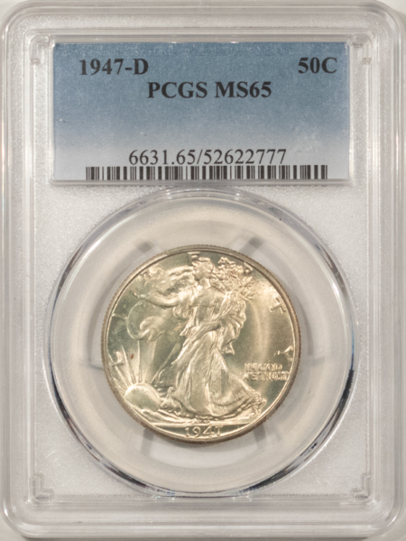 Half Dollars 1947-D WALKING LIBERTY HALF DOLLAR – PCGS MS-65, ORIGINAL WHITE GEM!