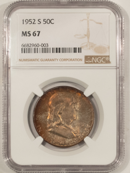 Franklin Halves 1952-S FRANKLIN HALF DOLLAR – NGC MS-67, SUPERB, ORIGINAL MINT SET TONED!