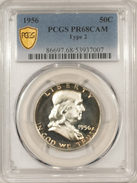 Franklin Halves 1956 PROOF FRANKLIN HALF DOLLAR TYPE 2 – PCGS PR-68 CAM, PQ & VIRTUALLY PERFECT!