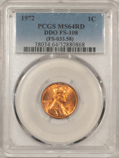 Lincoln Cents (Memorial) 1972 LINCOLN CENT, FS-108, MINOR DOUBLED DIE OBVERSE VARIETY – PCGS MS-64 RD