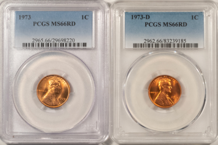 Lincoln Cents (Memorial) 1973, 1973-D LINCOLN CENT LOT OF 2 COINS – PCGS MS-66 RD