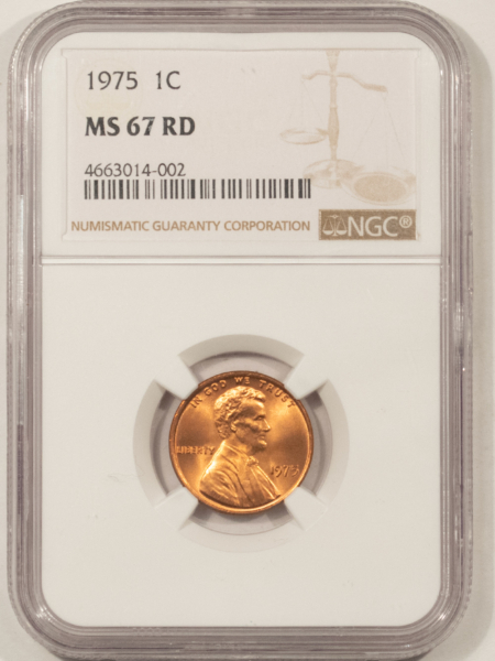 Lincoln Cents (Memorial) 1975 LINCOLN CENT – NGC MS-67 RD, SUPERB GEM! TOUGH THIS NICE