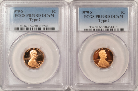 Lincoln Cents (Memorial) 1979-S PROOF LINCOLN CENTS LOT OF 2 COINS, BOTH TYPE 1 & 2 – PCGS PR-69 RD DCAM