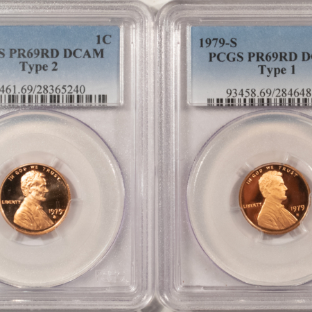 New Store Items 1979-S PROOF LINCOLN CENTS LOT OF 2 COINS, BOTH TYPE 1 & 2 – PCGS PR-69 RD DCAM