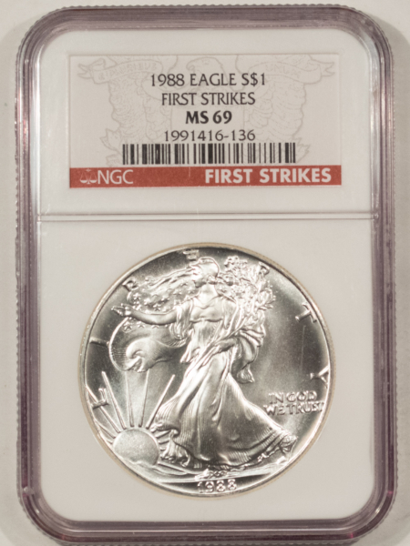 American Silver Eagles 1988 $1 AMERICAN SILVER EAGLE, 1 OZ .999 – NGC MS-69, FIRST STRIKES!