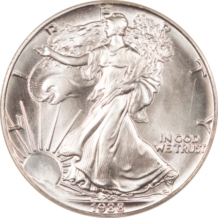 American Silver Eagles 1988 $1 AMERICAN SILVER EAGLE, 1 OZ .999 – NGC MS-69, FIRST STRIKES!