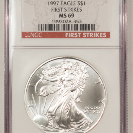 American Silver Eagles 1997 $1 AMERICAN SILVER EAGLE, 1 OZ .999 – NGC MS-69, FIRST STRIKES!