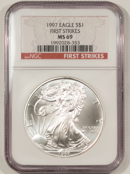 American Silver Eagles 1997 $1 AMERICAN SILVER EAGLE, 1 OZ .999 – NGC MS-69, FIRST STRIKES!
