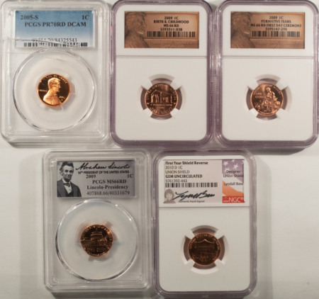 Lincoln Cents (Memorial) 2005/2009/2010 LINCOLN CENT PCGS/NGC MS-66 & PR-70 5 COIN LOT (1 CRACKED HOLDER)