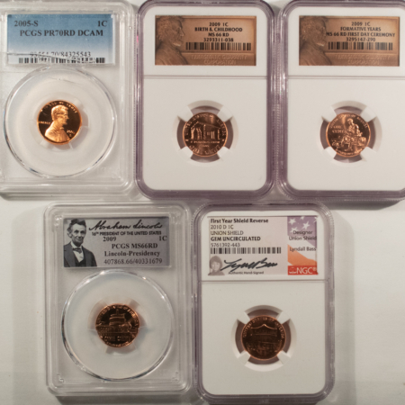 Lincoln Cents (Memorial) 2005/2009/2010 LINCOLN CENT PCGS/NGC MS-66 & PR-70 5 COIN LOT (1 CRACKED HOLDER)