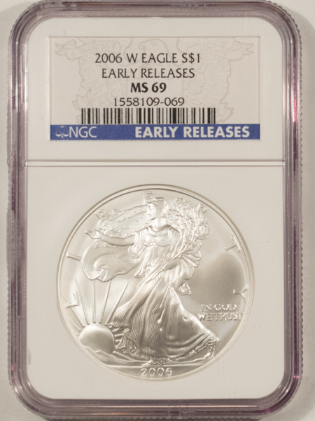 American Silver Eagles 2006-W $1 BURNISHED AMERICAN SILVER EAGLE, 1 OZ .999 – NGC MS-69 EARLY RELEASES!