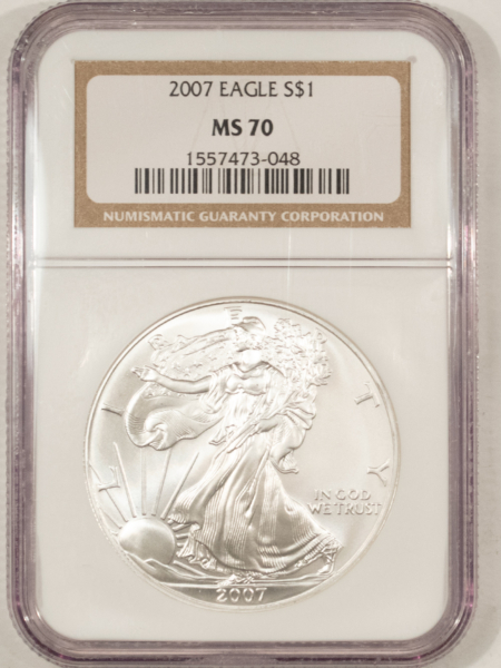 American Silver Eagles 2007 $1 AMERICAN SILVER EAGLE, 1 OZ .999 – NGC MS-70 BROWN LABEL, PERFECT!
