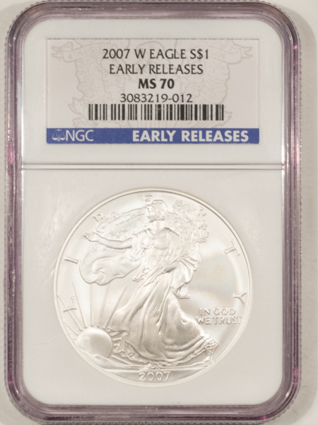 American Silver Eagles 2007-W $1 BURNISHED AMERICAN SILVER EAGLE, 1 OZ .999 – NGC MS-70 EARLY RELEASES!