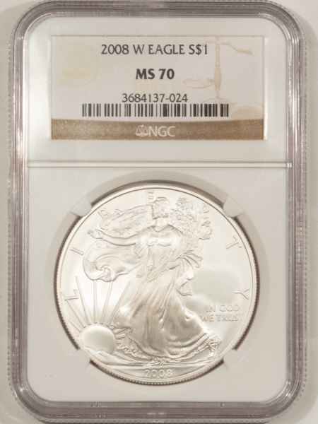 American Silver Eagles 2008-W $1 BURNISHED AMERICAN SILVER EAGLE, 1 OZ .999 – NGC MS-70