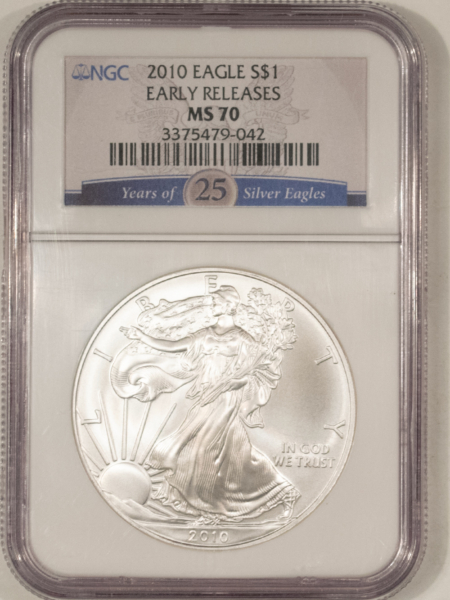 American Silver Eagles 2010 $1 AMERICAN SILVER EAGLE, 1 OZ .999 – NGC MS-70, EARLY RELEASES!