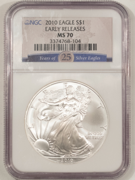 American Silver Eagles 2010 $1 AMERICAN SILVER EAGLE, 1 OZ .999 – NGC MS-70, EARLY RELEASES! PERFECT!