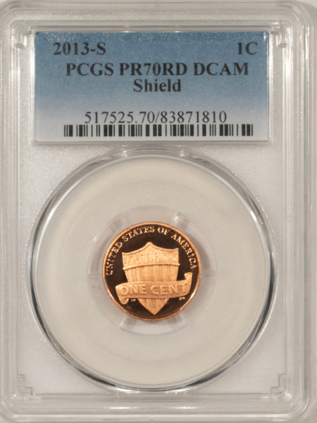 Lincoln Cents (Memorial) 2013-S PROOF SHIELD LINCOLN CENT – PCGS PR-70 RD DCAM