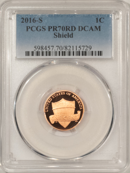 Lincoln Cents (Memorial) 2016-S PROOF SHIELD LINCOLN CENT – PCGS PR-70 RD DCAM