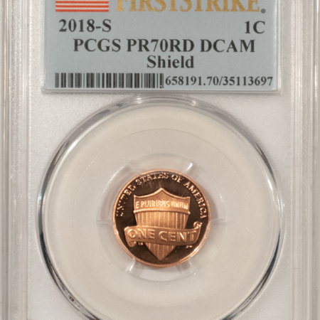 Lincoln Cents (Memorial) 2018-S PROOF SHIELD LINCOLN CENT – PCGS PR-70 RD DCAM, FIRST STRIKE, FLAG LABEL!