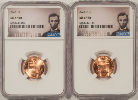 Lincoln Cents (Memorial) 2022 & 2022-D SHIELD LINCOLN CENT LOT OF 2 COINS – NGC MS-67 RD, LINCOLN LABEL
