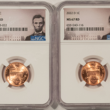 Lincoln Cents (Memorial) 2022 & 2022-D SHIELD LINCOLN CENT LOT OF 2 COINS – NGC MS-67 RD, LINCOLN LABEL