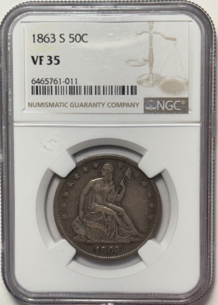 Liberty Seated Halves 1863-S SEATED LIBERTY HALF DOLLAR NGC VF-35, TOUGH!