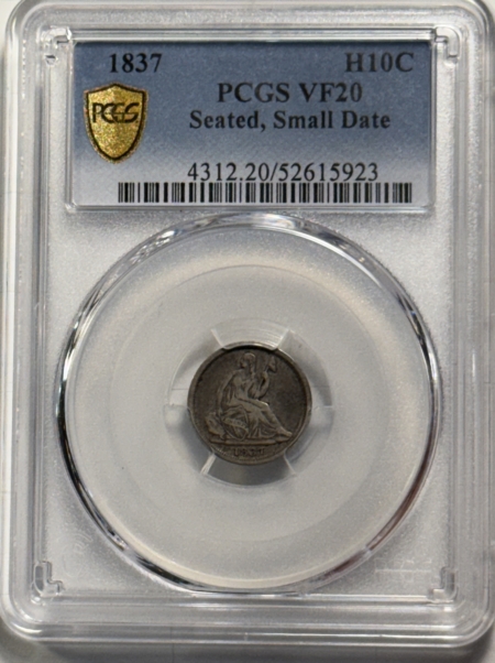 Half Dimes 1837 SEATED LIBERTY HALF DIME, SMALL DATE – PCGS VF-20, WHOLESOME & ORIGINAL!